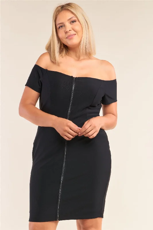 Plus Size Fitted Off-the-shoulder Front Zipper Bodycon Mini Dress Stylish Summer Mini Dress