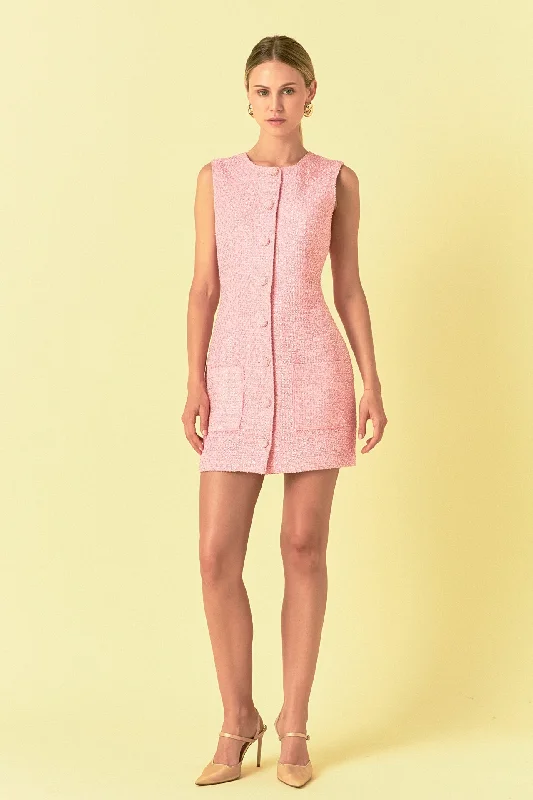 Endless Rose - Sleeveless Tweed Mini Dress Fashionable Lace-Trim Mini Dress