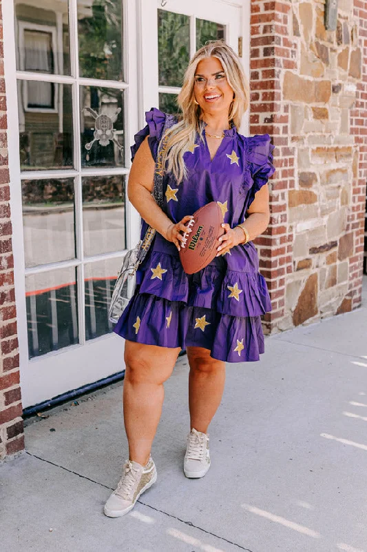 Under The Stadium Lights Ruffle Mini Dress in Purple Curves Trendy Crossover Mini Dress