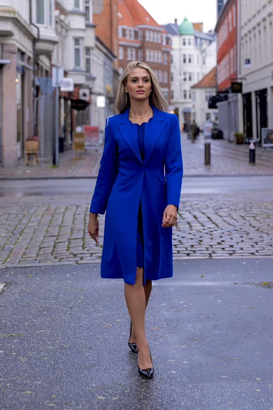 VALENTINA (STRONG) ROYAL BLUE LONG BLAZER JACKET W. DOUBLED COLLAR DETAIL Satin Fabric Silk Fabric Chiffon Fabric