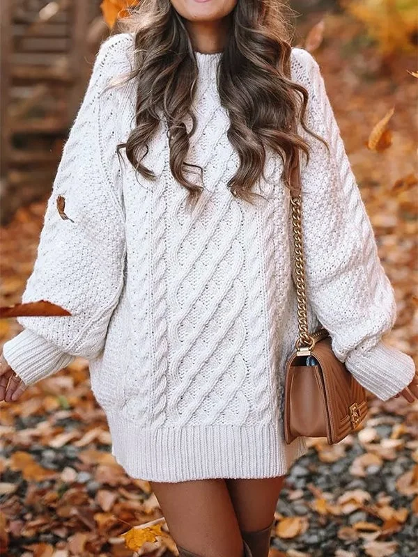 Women's Mini Dresses Crewneck Long Sleeve Oversized Knitted Dress Stylish Short Sleeve Mini Dress