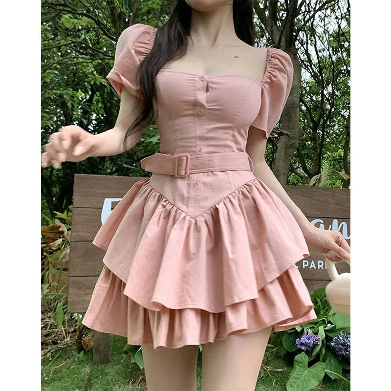 Y2K Pink Mini Dress Fashionable Pleated Mini Dress