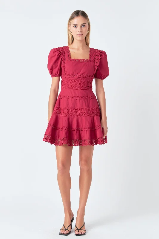 Endless Rose - Lace Fit-and-Flare Mini Dress Stylish Puff Sleeve Mini Dress