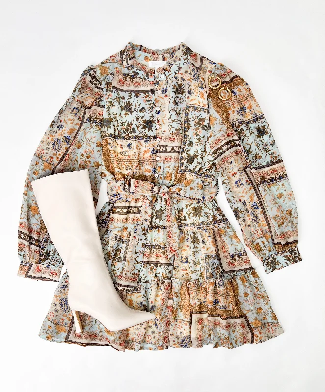 PATCHWORK PERFECTION LONG SLEEVE MINI DRESS Cozy Long Sleeve Mini Dress