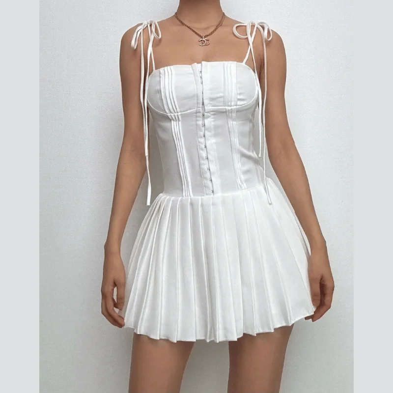 Pleated solid corset button self tie zip-up mini dress Elegant Mini Dress with Ruffles