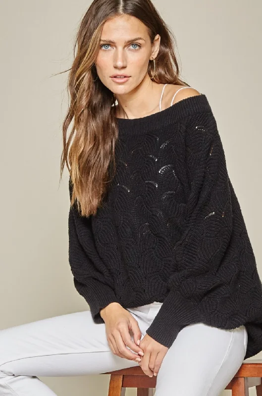 Fan-Crochet Knit Scallop Edged Sweater - Black {Andree by Unit} Anti-Pilling Anti-Shrink Durable