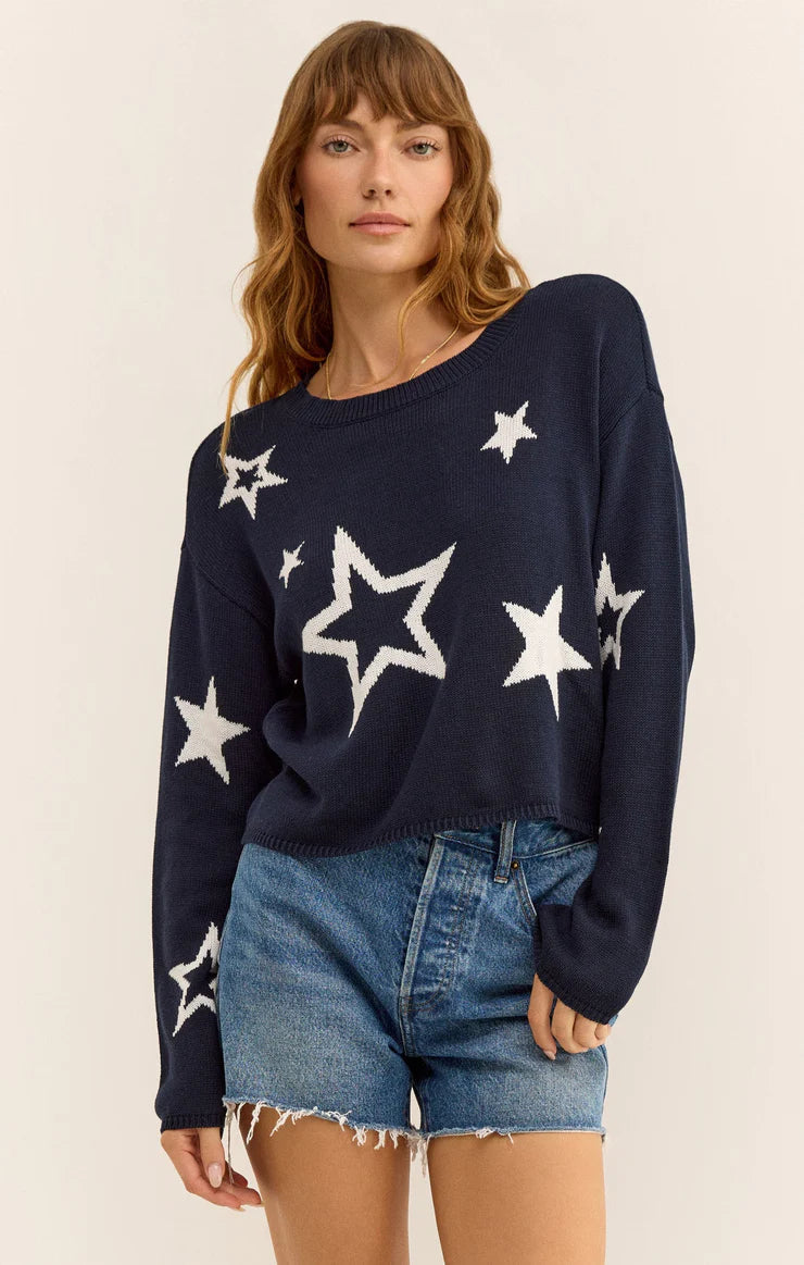 Z Supply Seeing Stars Sweater Embroidered Appliqued Beaded