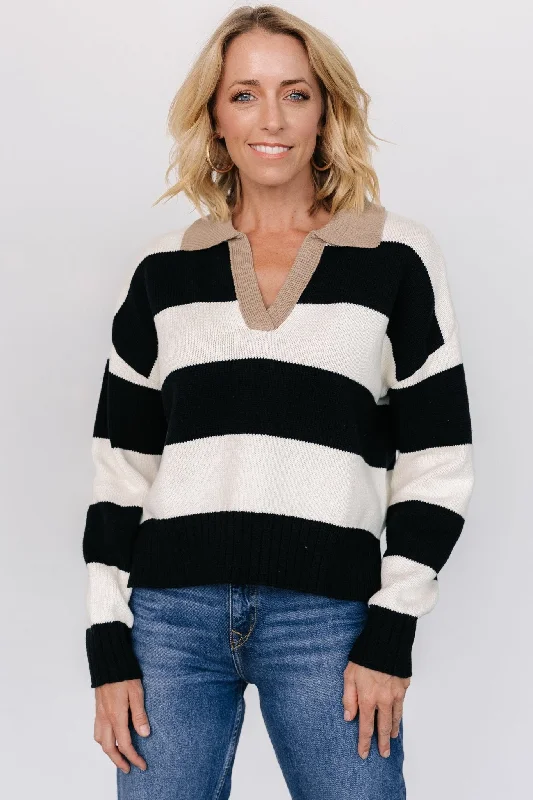 Alec Striped Sweater | Black + Ivory Notch Collar Peter Pan Collar Cowl Neck