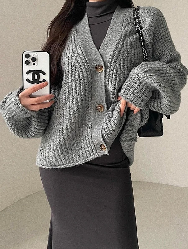 Alma Solid Color Long Sleeve Knitted Long Sleeve Button Up Sweater Layered Multi-layer Single Layer