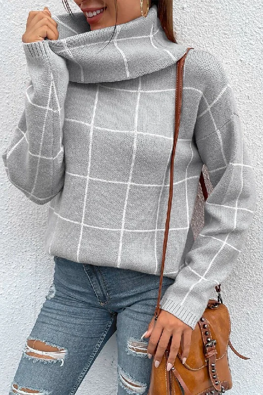 Long Sleeve Drop Shoulder Plaid Side Split Knit Sweater Plaid Sweater Polka Dot Checkered