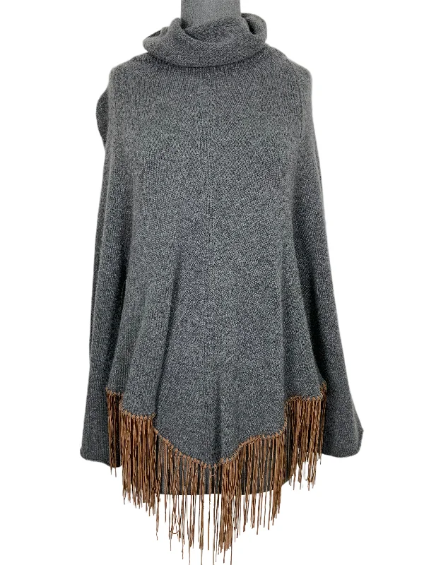 Brunello Cucinelli Cashmere Leather Fringe Rikki Poncho Sweater Size S Jersey Fabric Tulle Fabric Batik Fabric