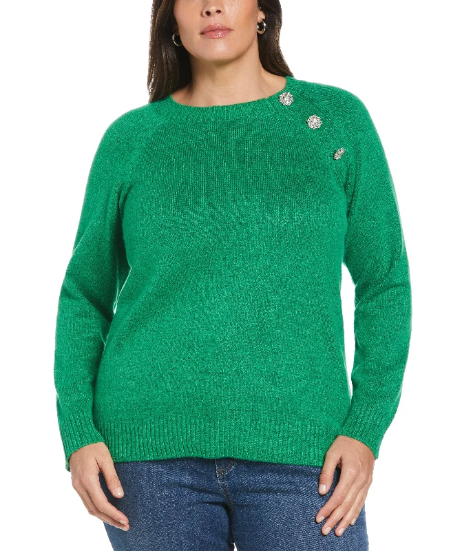 Plus Size Button Trim Sweater High Neck Crew Neck V-Neck