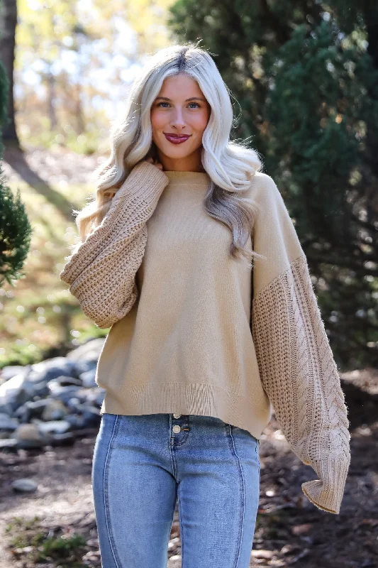 Cabin Cues Taupe Cable Knit Sleeve Sweater Terry Blend Velvet Blend Canvas Blend