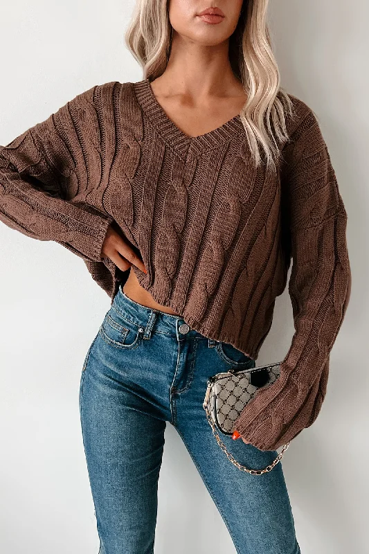 Cambridge Cutie Cable Knit Sweater (Brown) Zippered Front Buttoned Front Snap Front