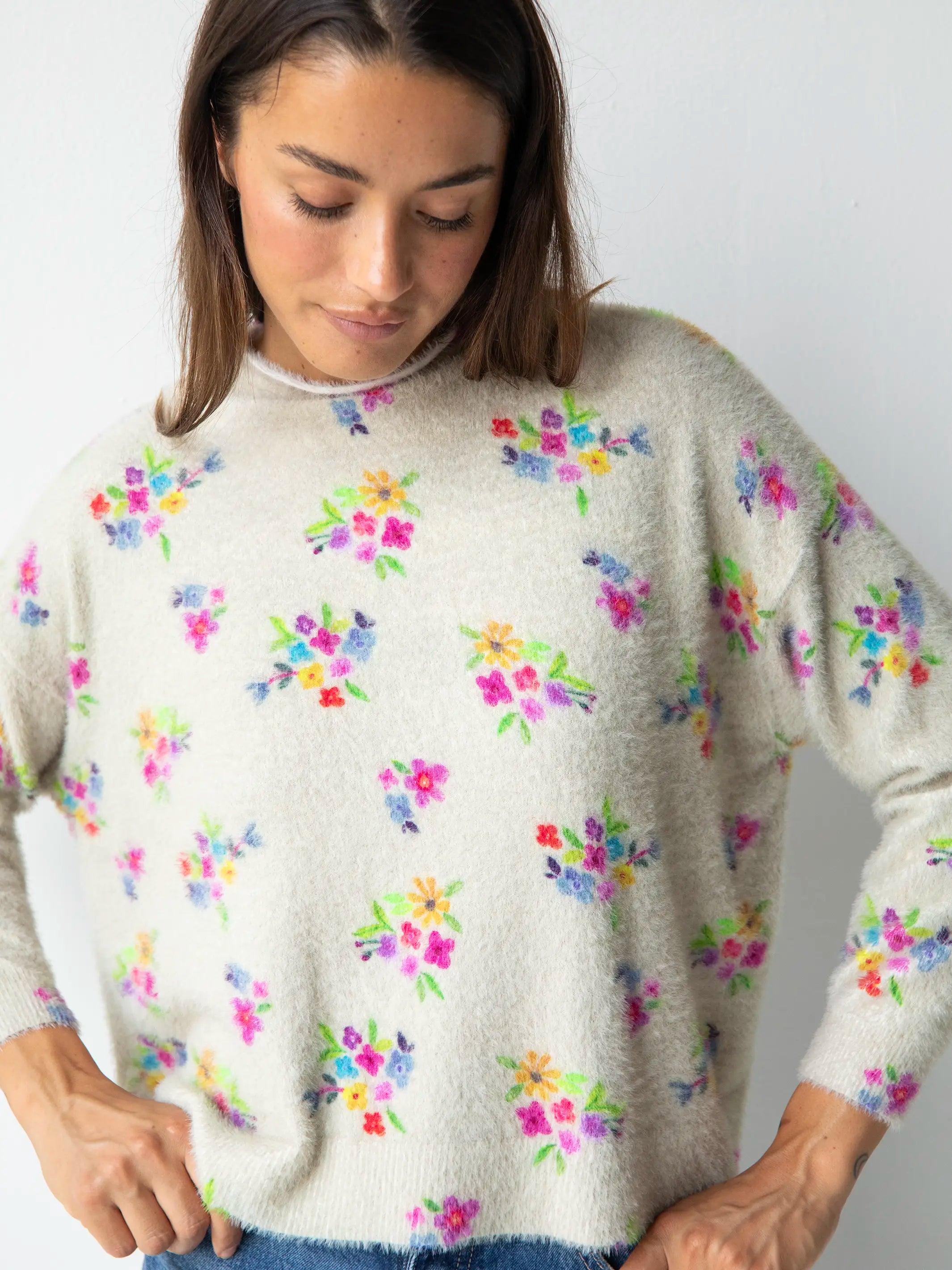 Cashmere-Like Mock Neck Sweater - Cream Multi Floral Graphic Sweater Embroidered Appliqued