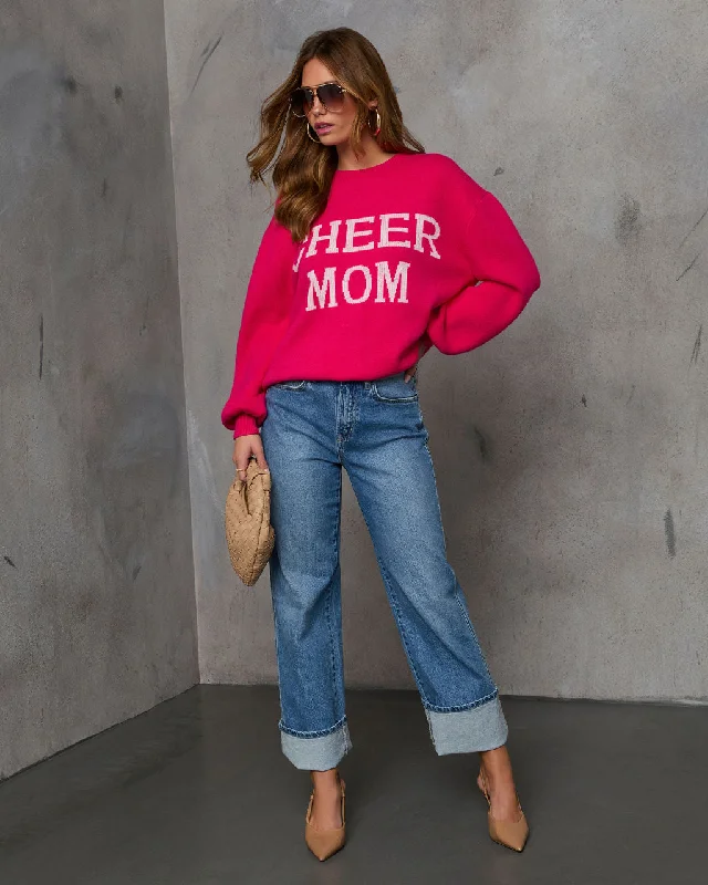 Cheer Mom Knit Pullover Sweater - Cream Houndstooth Herringbone Solid