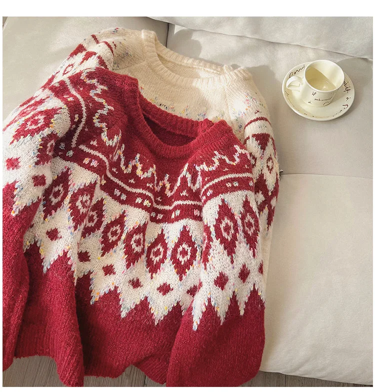 Christmas Jacquard Sweater Women's Round Neck Knitted Top     S4847 Boxy Sweater Fitted Sweater A-Line