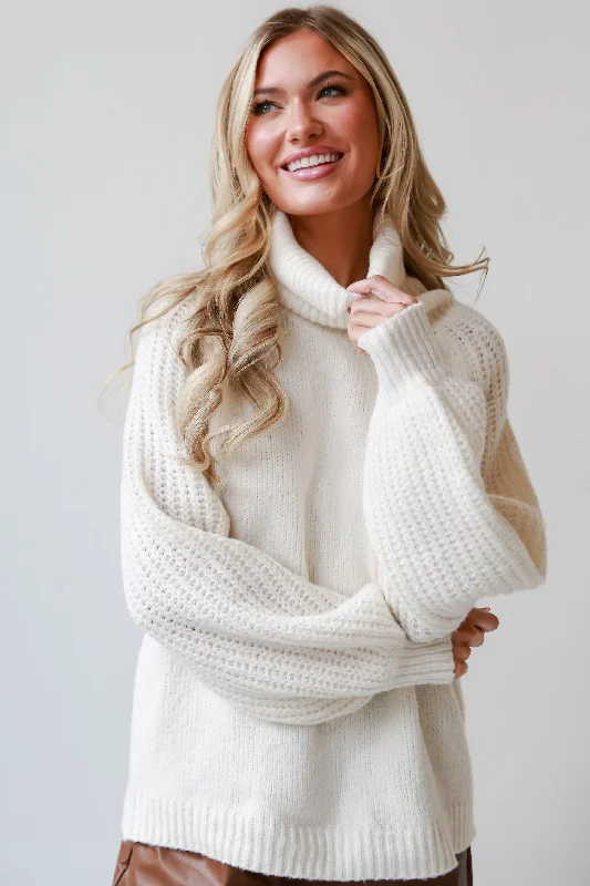 FINAL SALE - Endlessly Cozy Ivory Turtleneck Oversized Sweater Solid Print Embellished