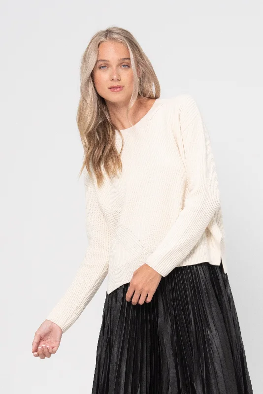 Brina Crewneck Sweater, Cream Zippered Buttoned Snapped