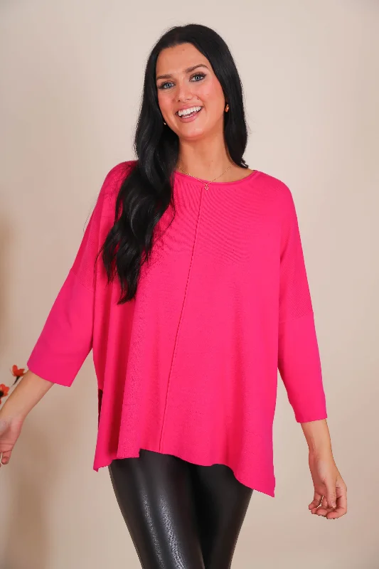 Feel Good Movie Night Sweater-Hot Pink Collared Crew Neck Turtle Neck