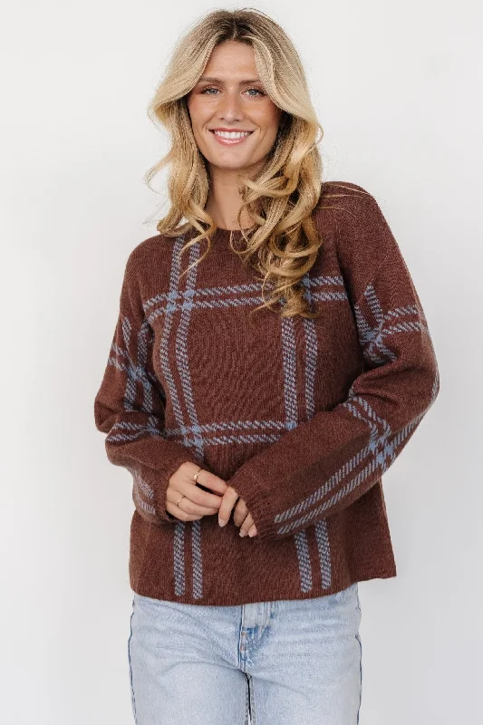 Francie Sweater | Brown + Blue Plaid Fleece Sweater Nylon Polyester