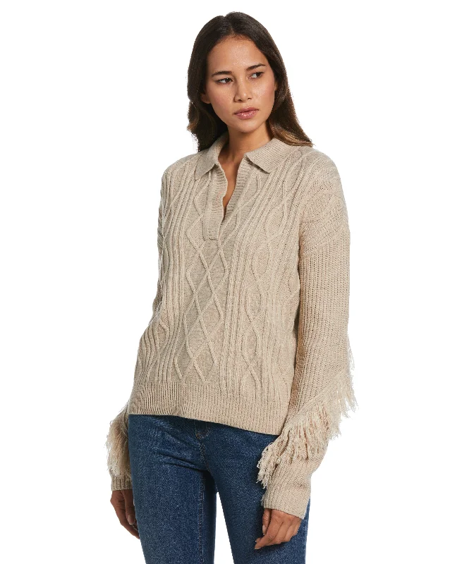 Fringe Trim Polo Sweater High Neck Crew Neck V-Neck