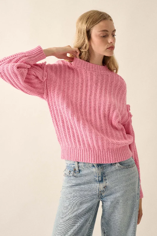 Gracious Heart Chunky Knit Pleated-Sleeve Sweater Soft Cozy Warm