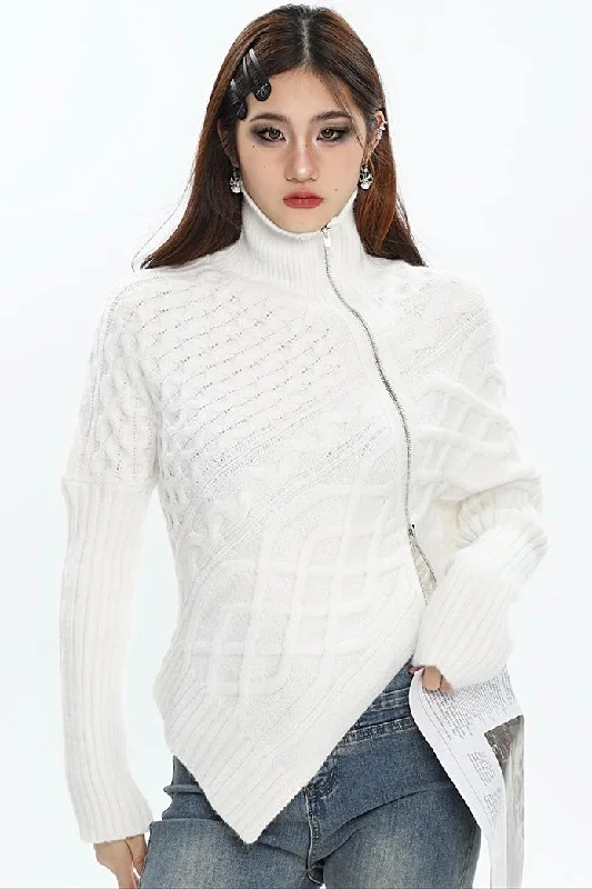 Hayden Solid Color Asymmetrical Zip Up Long Sleeve Knitted Sweater Top Sequined Glittery Shiny