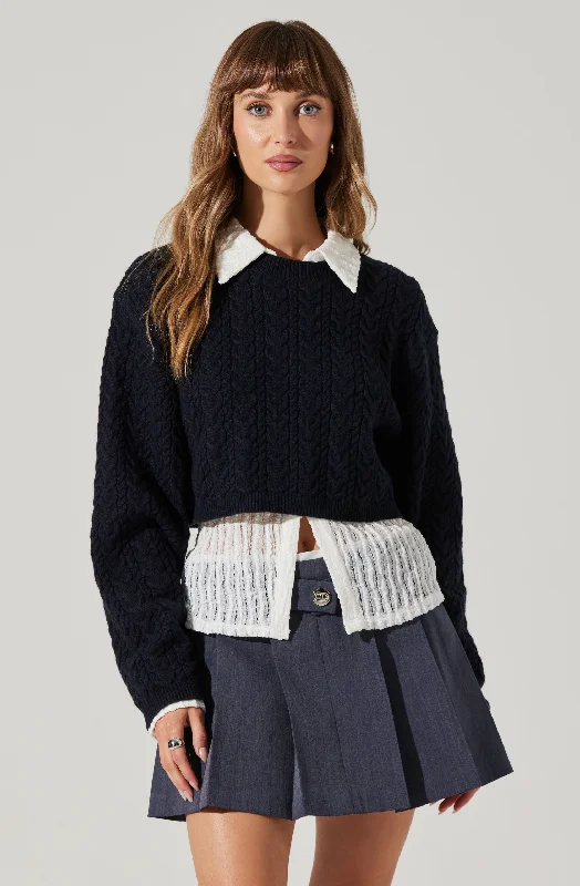 Jorah Cropped Cable Knit Sweater Notch Collar Peter Pan Collar Cowl Neck