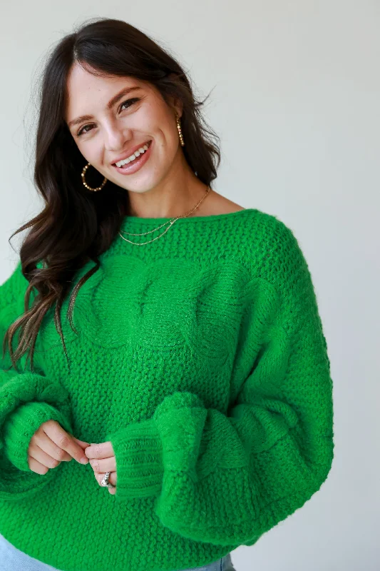 FINAL SALE - Luxe Outing Kelly Green Cable Knit Oversized Sweater Front Pockets Side Pockets Patch Pockets