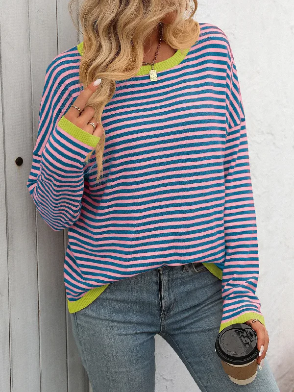Striped Long Sleeve Sweater in 6 Colors Print Jacquard Patchwork