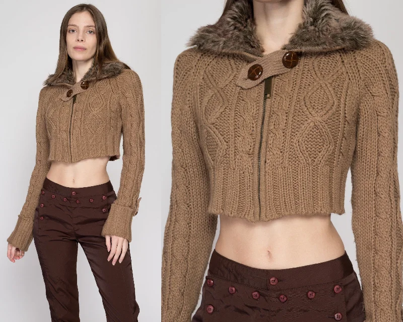 Med-Lrg 90s Brown Faux Fur Collar Cropped Sweater Spandex Blend Rayon Blend Denim Blend