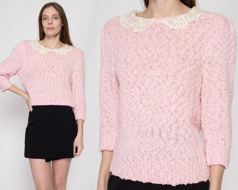 Medium 80s Pink Lace Collar Boucle Knit Sweater Fitted Slim Tailored