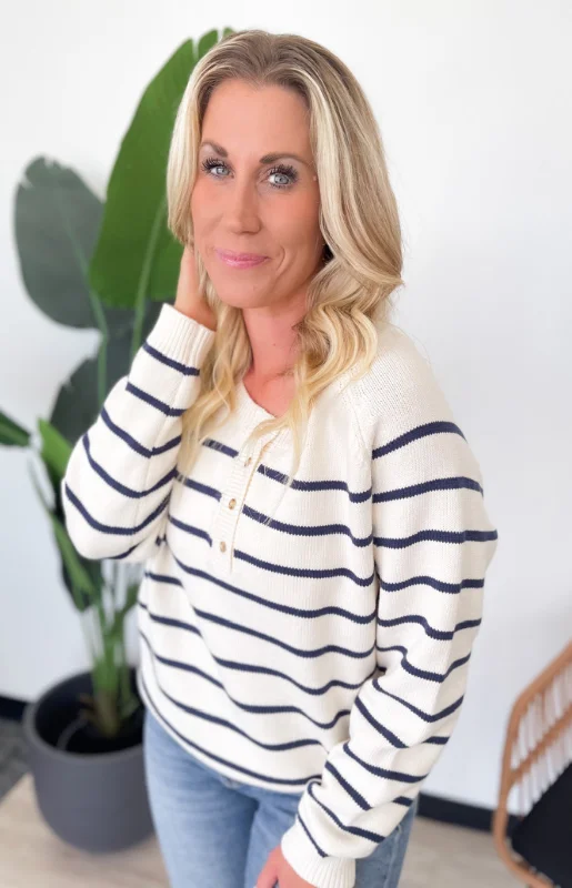 Natalie Navy Striped Knit Sweater Machine Wash Dry Clean Hand Wash