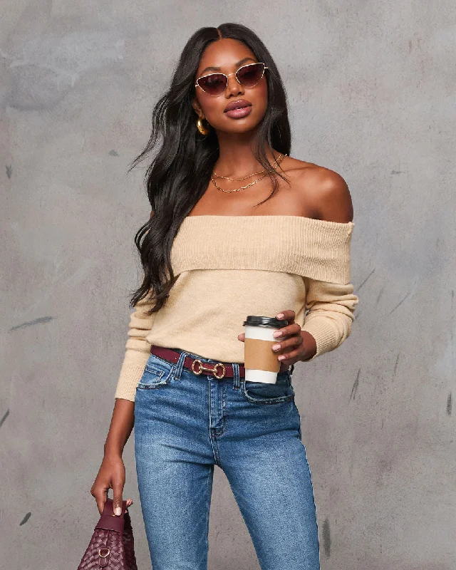 On My Side Off The Shoulder Sweater Solid Print Embellished