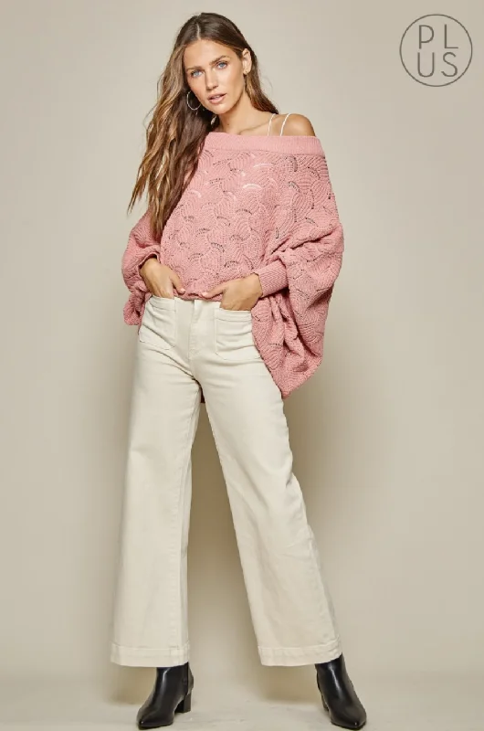 Fan-Crochet Knit Scallop Edged Sweater - Dusty Pink {Andree by Unit} Transparent Opaque Sheer