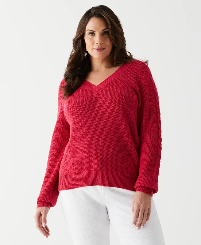 Plus Size Cable Knit V-Neck Sweater Welt Pockets Slit Pockets Flap Pockets