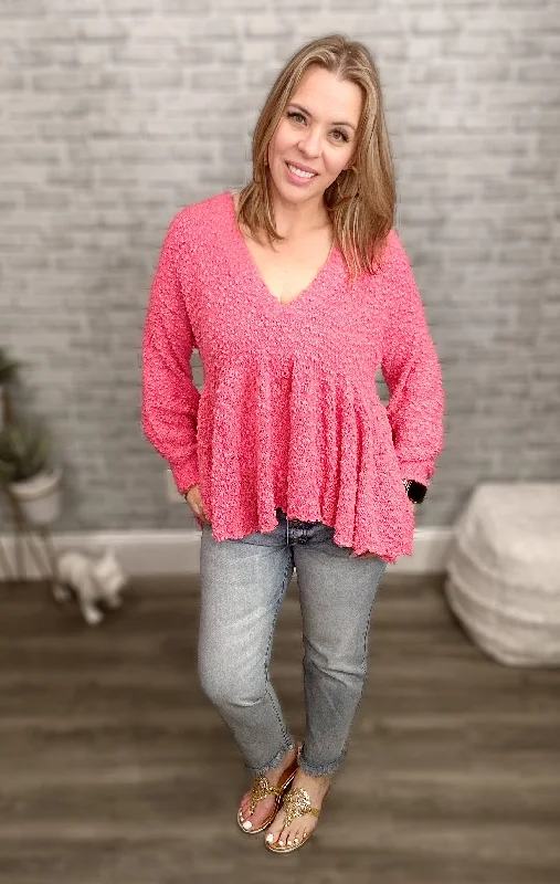 "Take a Spin" V-Neck Babydoll Sweater in Bubble Gum Pink {POL} Oversized Loose Flowy