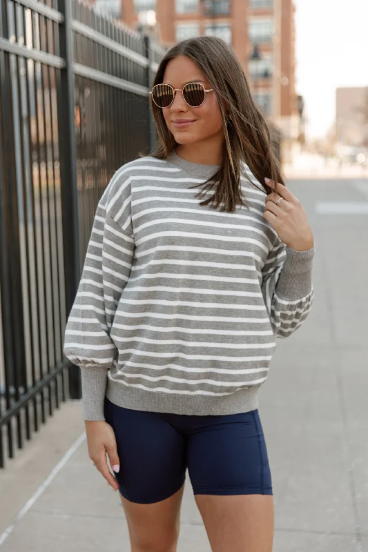 READY FOR ANYTHING STRIPE SWEATER IN GREY Modern Contemporary Chic