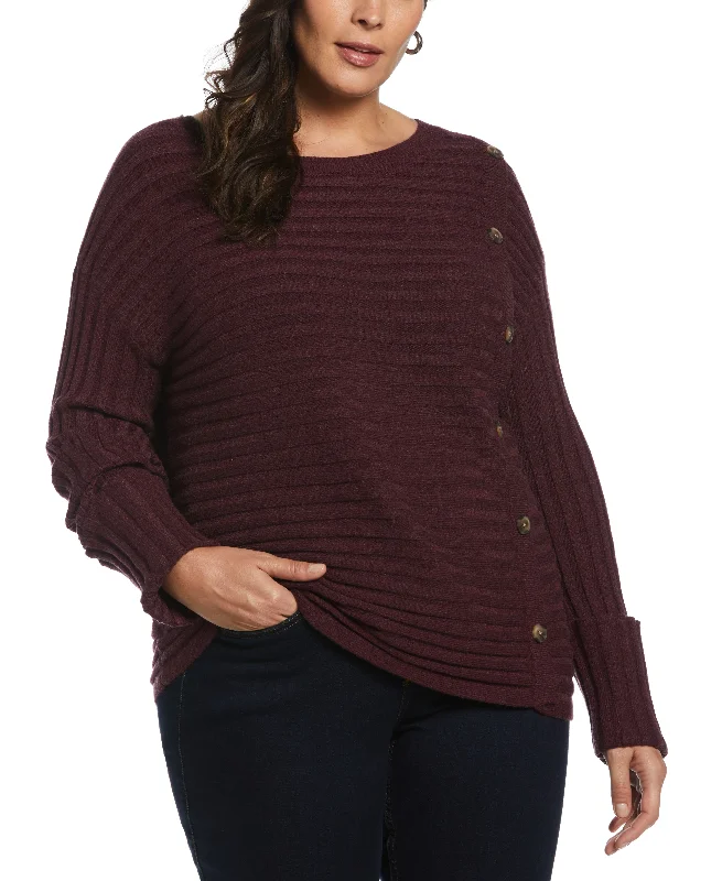 Plus Size Ribbed Sweater with Button Detail Embroidered Appliqued Beaded