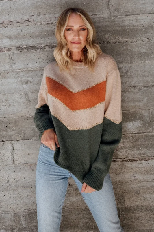 Rowen Color Block Sweater | Natural + Green Front Pockets Side Pockets Patch Pockets