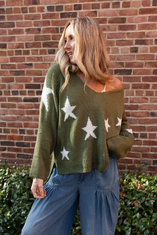 Shining Nights Starry V Neck Sweater - Green Welt Pockets Slit Pockets Flap Pockets