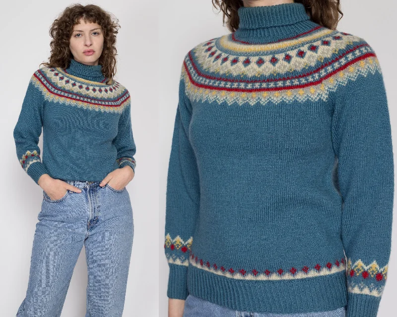 Small 70s Blue Fair Isle Turtleneck Sweater Mesh Fabric Canvas Fabric Denim Fabric