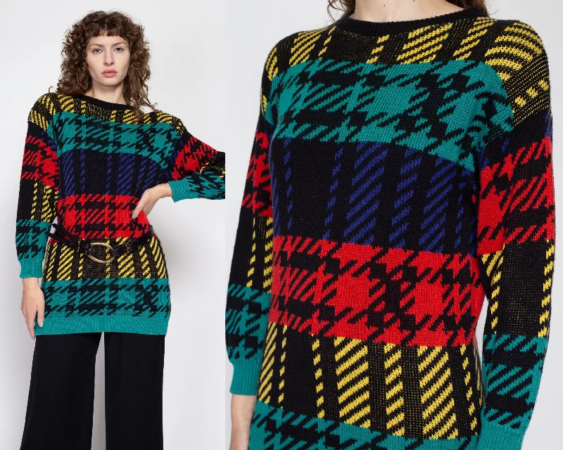 Small 90s Colorful Plaid Long Sweater Toggled Drawstring Belted