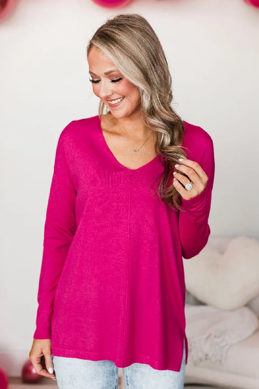 Soft As A Cloud V-Neck Sweater- Hot Pink Fleece Fabric Down Fabric Feather Fabric