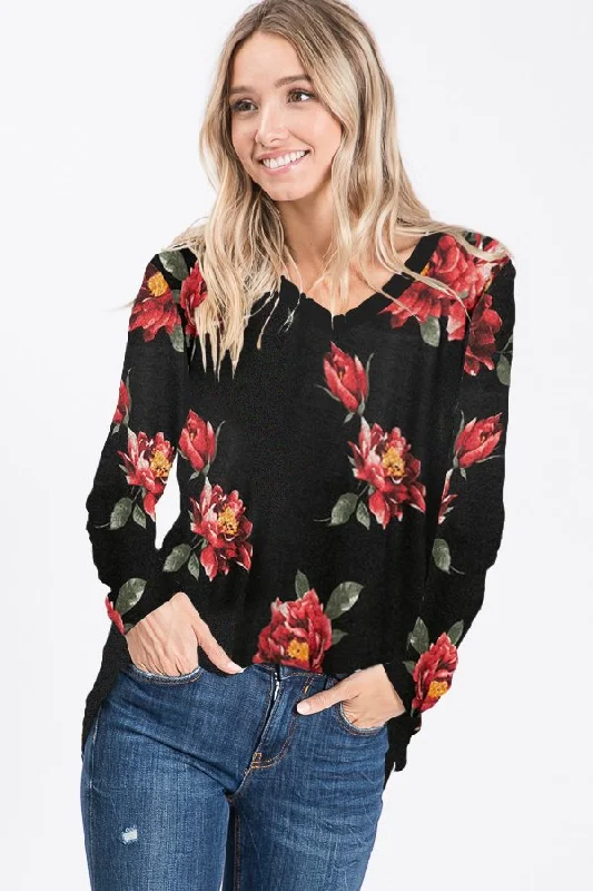 Black and Red Floral Lightweight Sweater Slim Fit Regular Fit Oversized