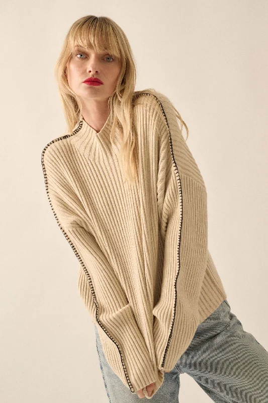 Stitch It Up Ribbed Knit Exposed-Seam Sweater Boat Neck Shawl Collar Notched Collar