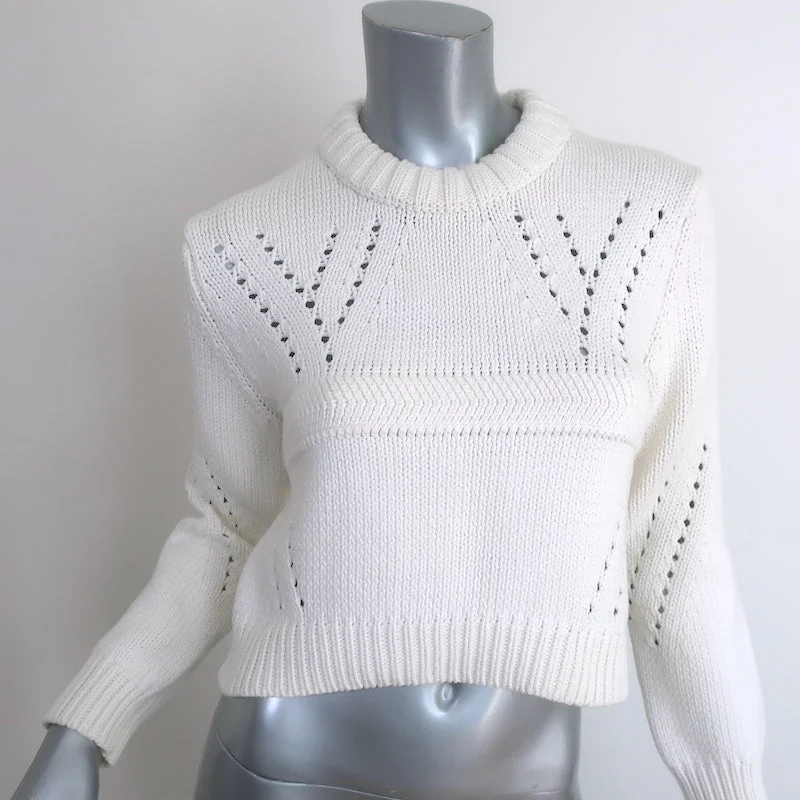 Tibi Shrunken Sweater White Cotton-Blend Knit Size Extra Small Cropped Pullover Front Pockets Side Pockets Patch Pockets