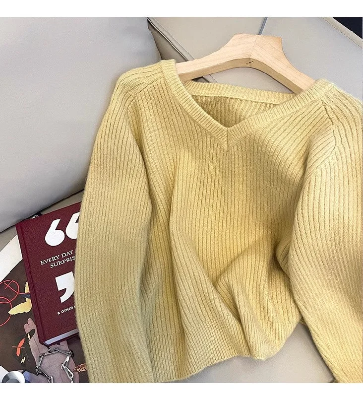 V-neck long-sleeved sweater for women solid color soft sweater    S4865 Soft Cozy Warm