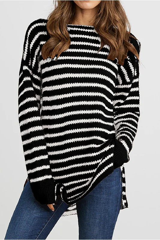 Oversized Side Split Stripe Pullover Sweater Mesh Sweater Canvas Denim